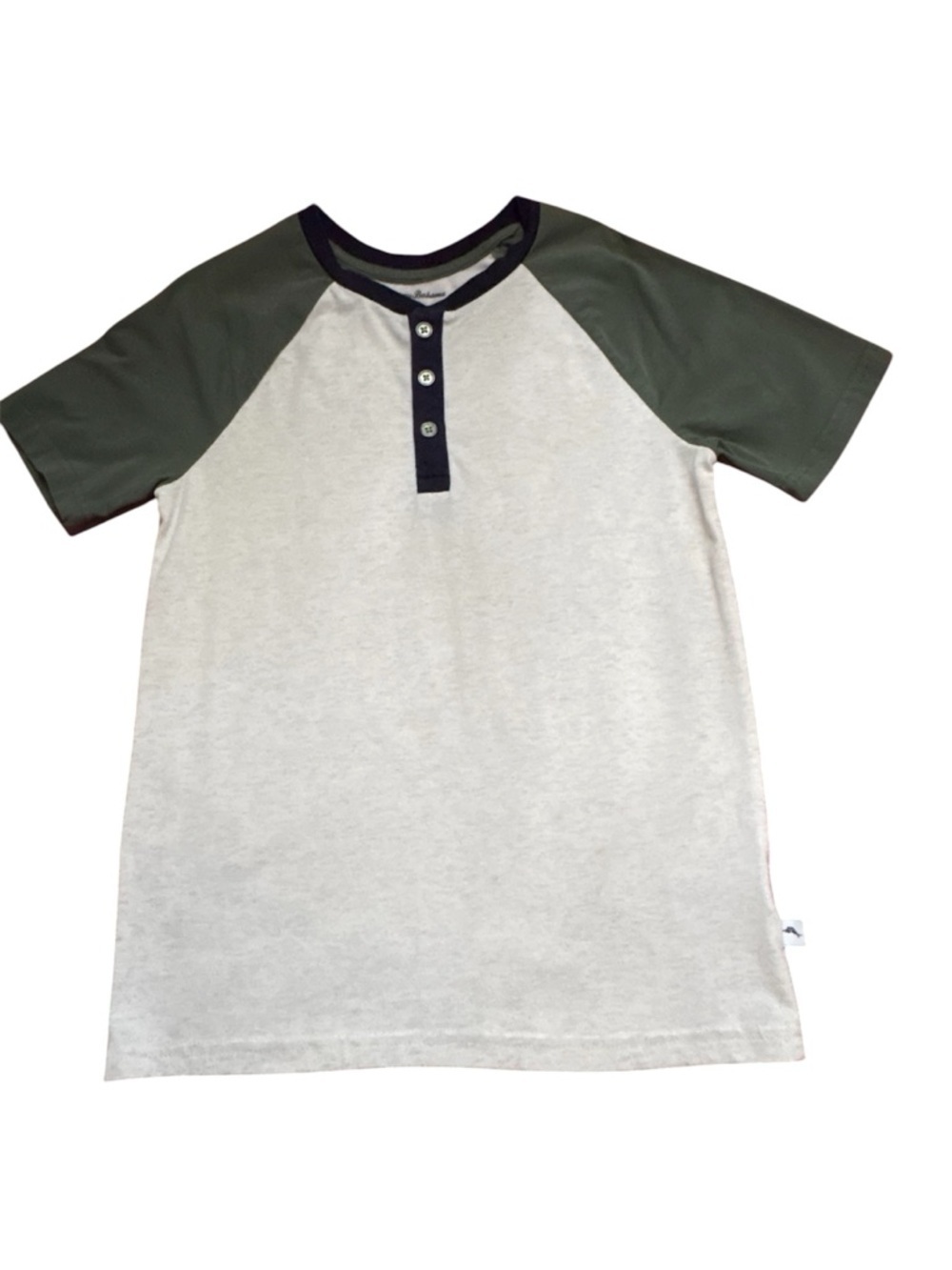 Tommy Bahama Cream Tee with Olive Raglan Sleeves and Navy Henley Placket